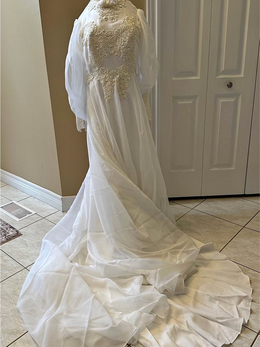 Vintage 1980s high-neck lace and chiffon wedding gown w/ veil